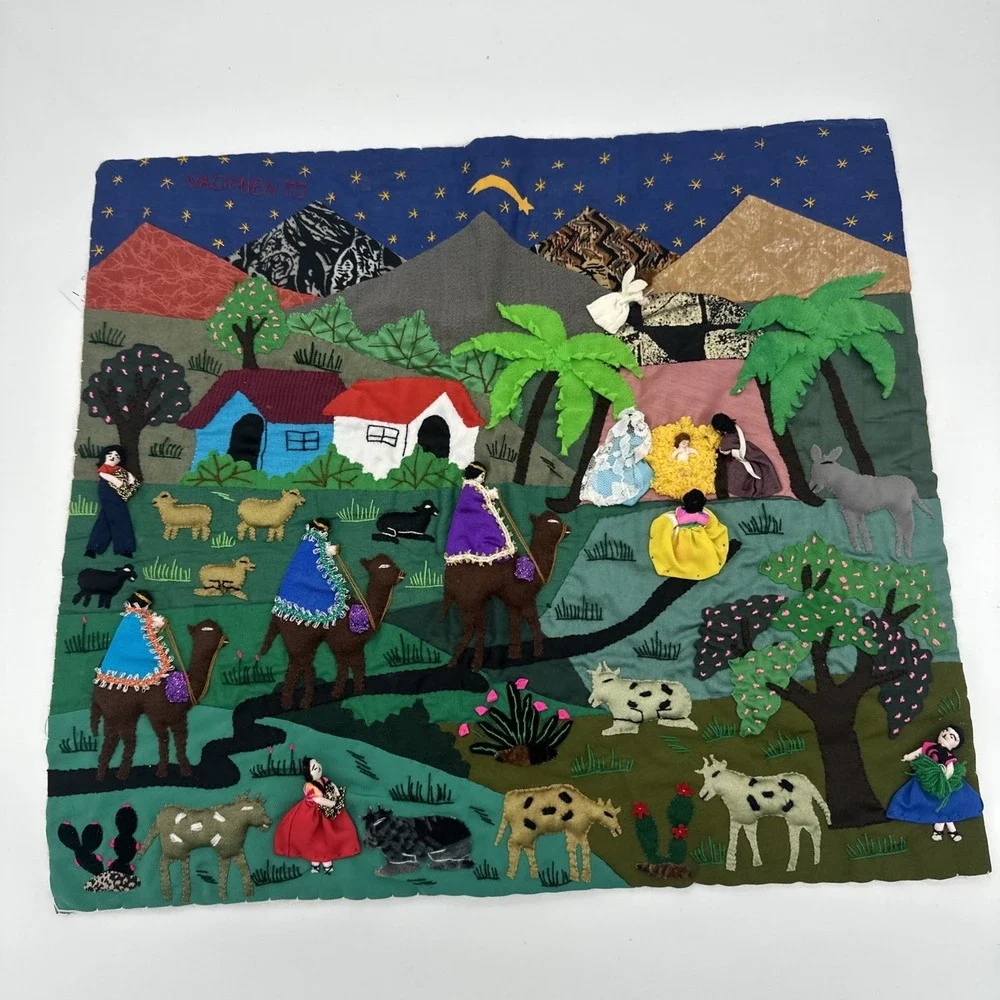 Peruvian Arpillera Folk Art Tapastry~ Vgt 3D Handmade‎ Christmas Nativity 19x17